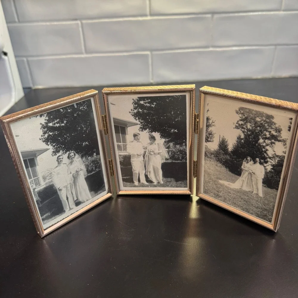 Vintage Triple Folding Picture Frame Gold tone Triptych Hinged Metal